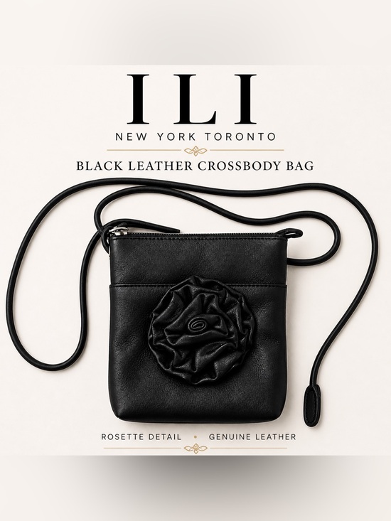 Ili New York Handbags - ILI Black Leather Rosette Crossbody